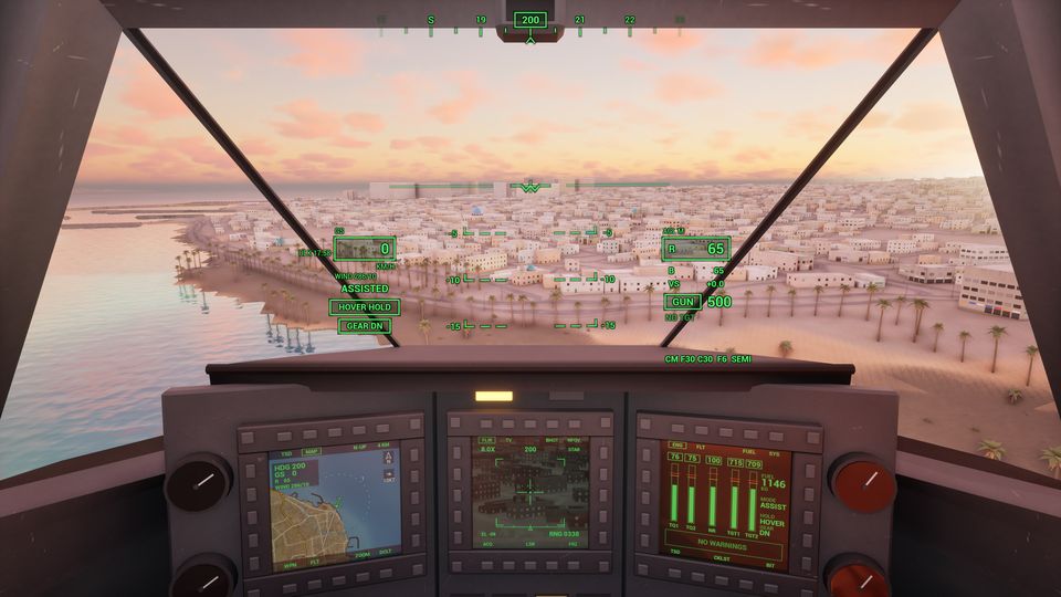 RAH-66 cockpit at sunset over palm groves and a town, the displays lit