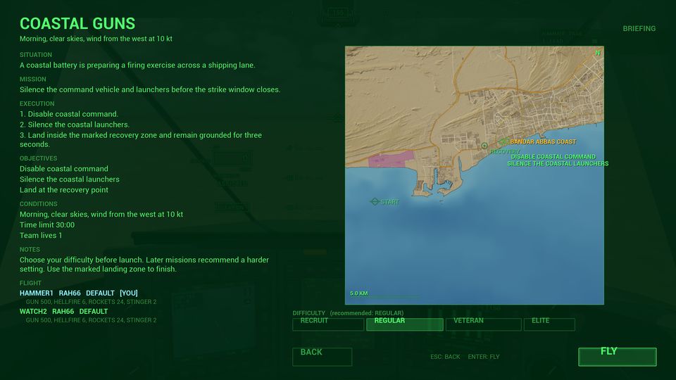 A mission briefing screen with the situation, objectives and a map of the target area
