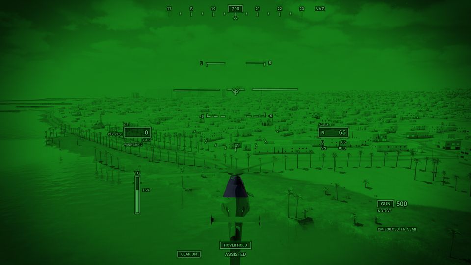 The same night scene through night-vision goggles, rendered in bright green