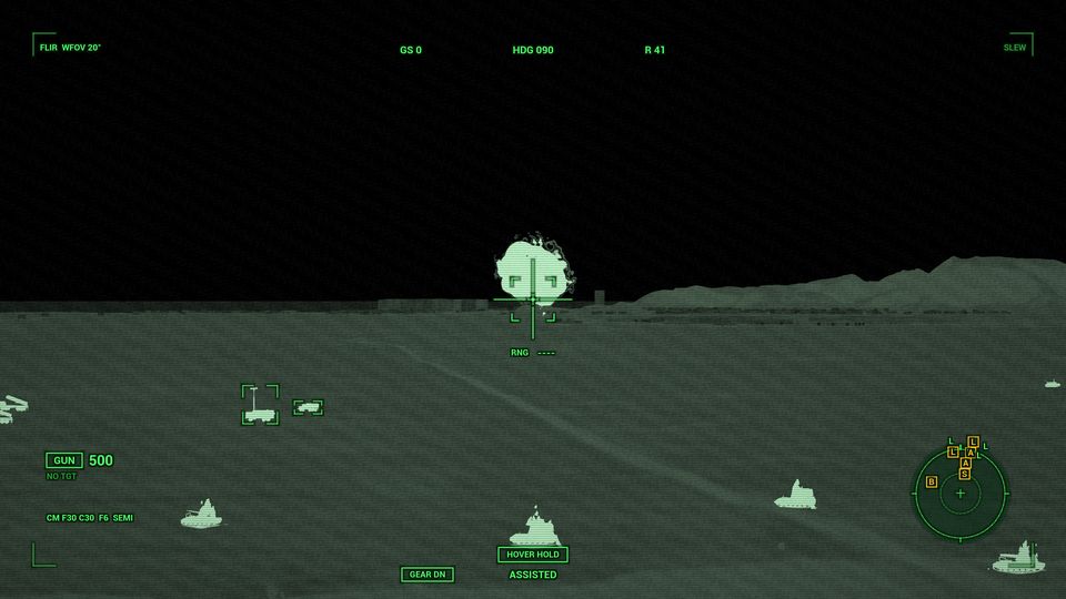 Thermal sight view: warm vehicles and boats glow white against a dark landscape