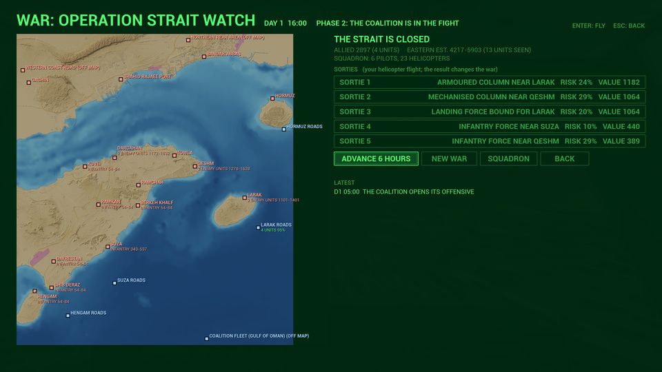 The war screen for Operation Strait Watch: a map of the strait with front lines, and a list of sorties to choose from